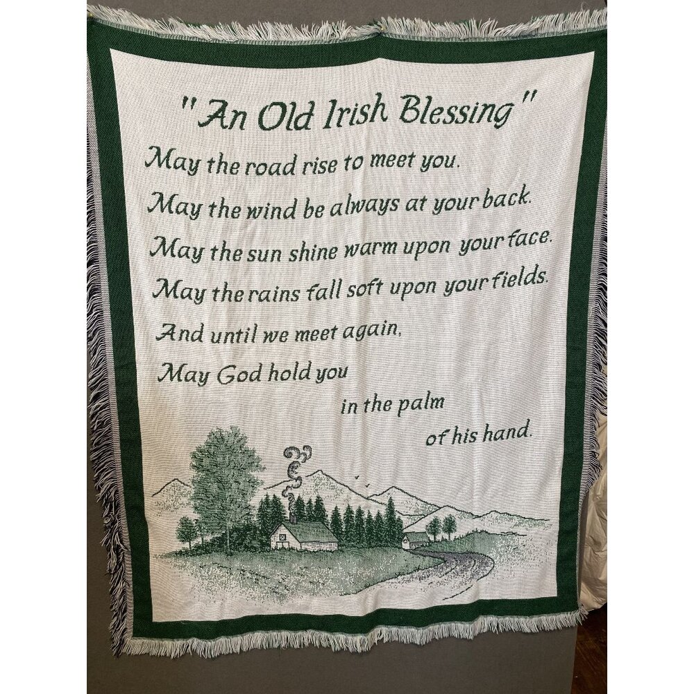 Old Irish Blessing Tapestry Throw Blanket 40"x60"  Green & White  Fringed Edges